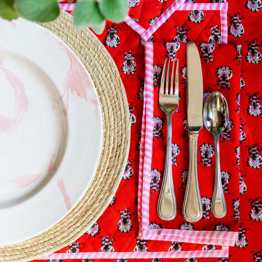 Furbish Mistletoe Tablecloth - Pink & Red Blockprinted Cotton, 60” x 90”
